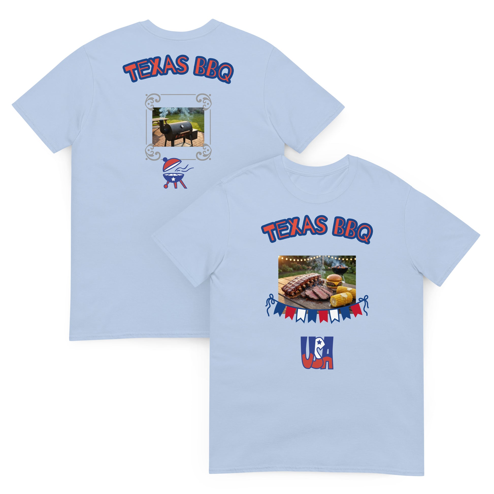 Unisex T-shirt set (Light Blue): back and front “Texas BBQ” prints