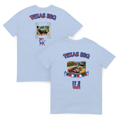 Unisex T-shirt set (Light Blue): back and front “Texas BBQ” prints
