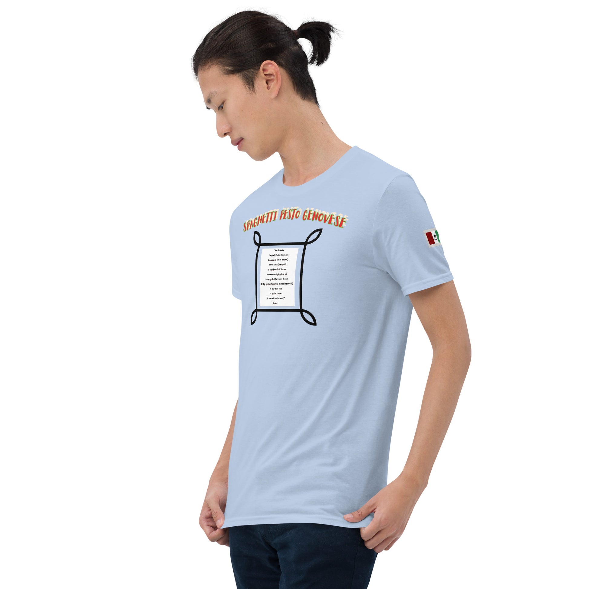 Unisex T-shirt, hellblau, schräg von vorn: Rezeptgrafik auf der Brust
