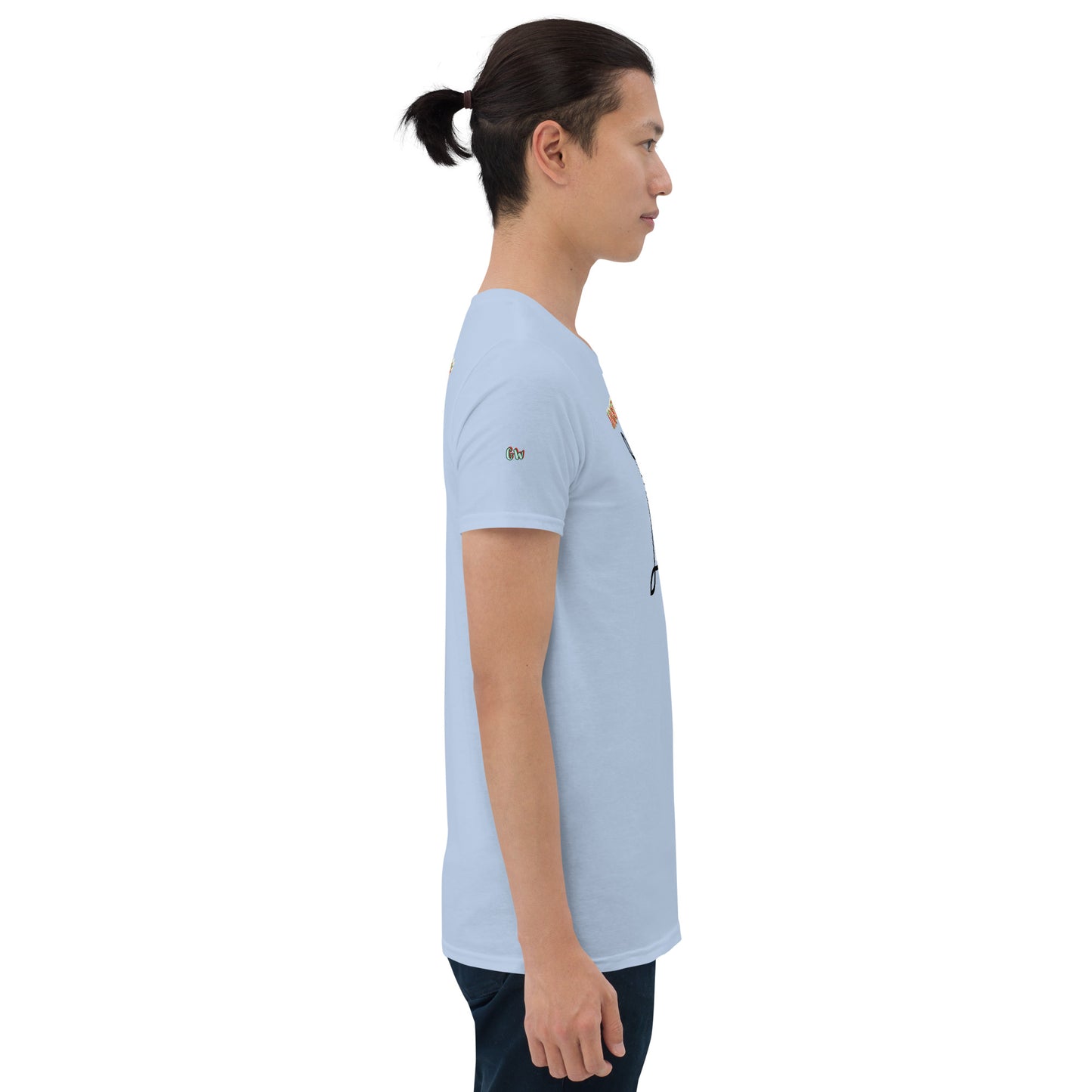 Unisex T-Shirt in Light Blue, side view with small chest logo detail