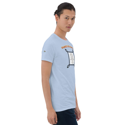 Light Blue unisex T-Shirt, front graphic with text and framed message illustration