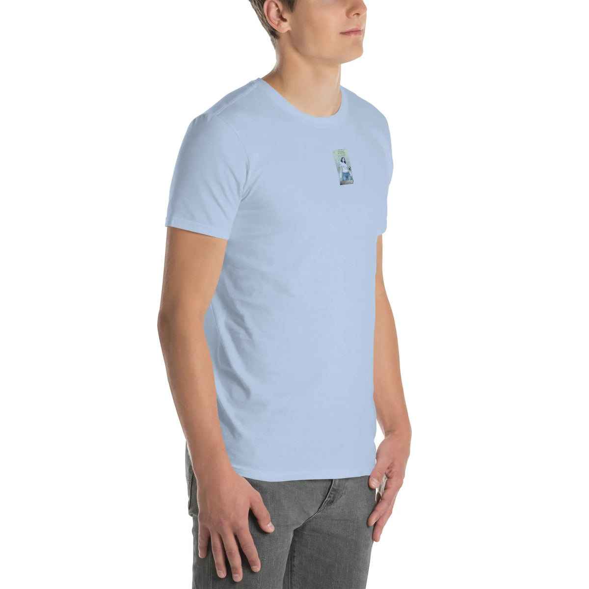 VHS#2 Unisex T-Shirt in Light Blue – Seitenansicht rechts / Vorderansicht