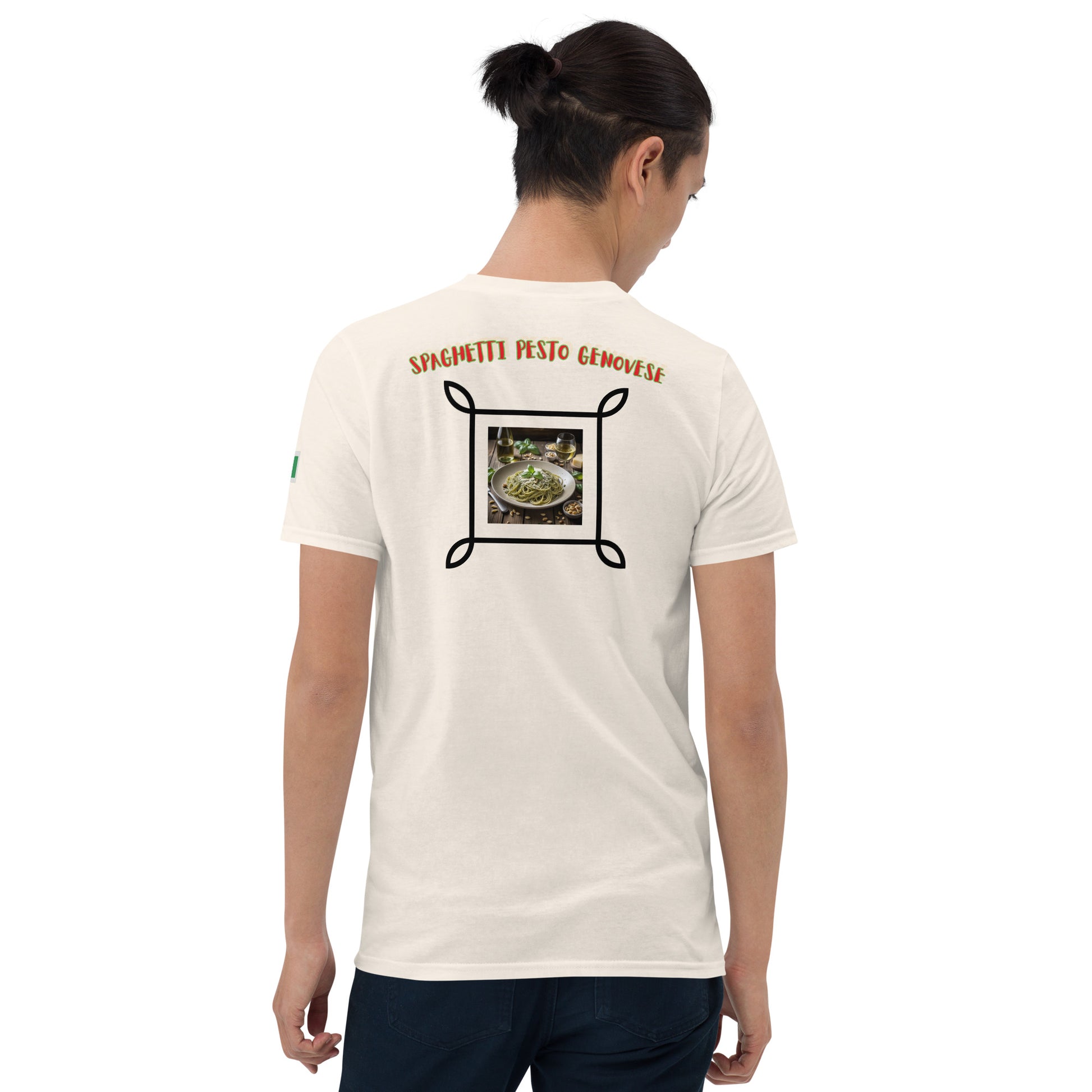 Natural/Off-White unisex T-Shirt, back graphic with framed food photo and title