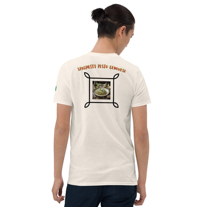 Natural/Off-White unisex T-Shirt, back graphic with framed food photo and title
