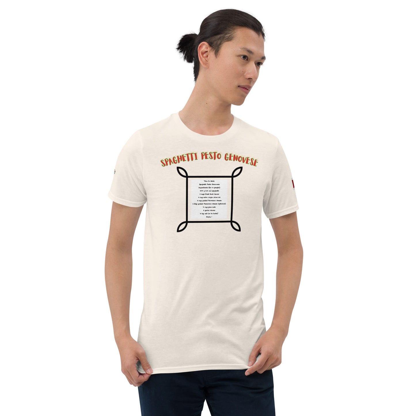 Unisex T-Shirt in Natural/Off-White, front Spaghetti Pesto Genovese framed graphic