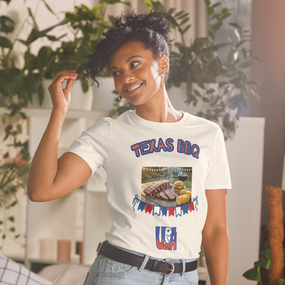 Unisex T-shirt in natural (cream); “TEXAS BBQ” chest graphic with BBQ platter photo.