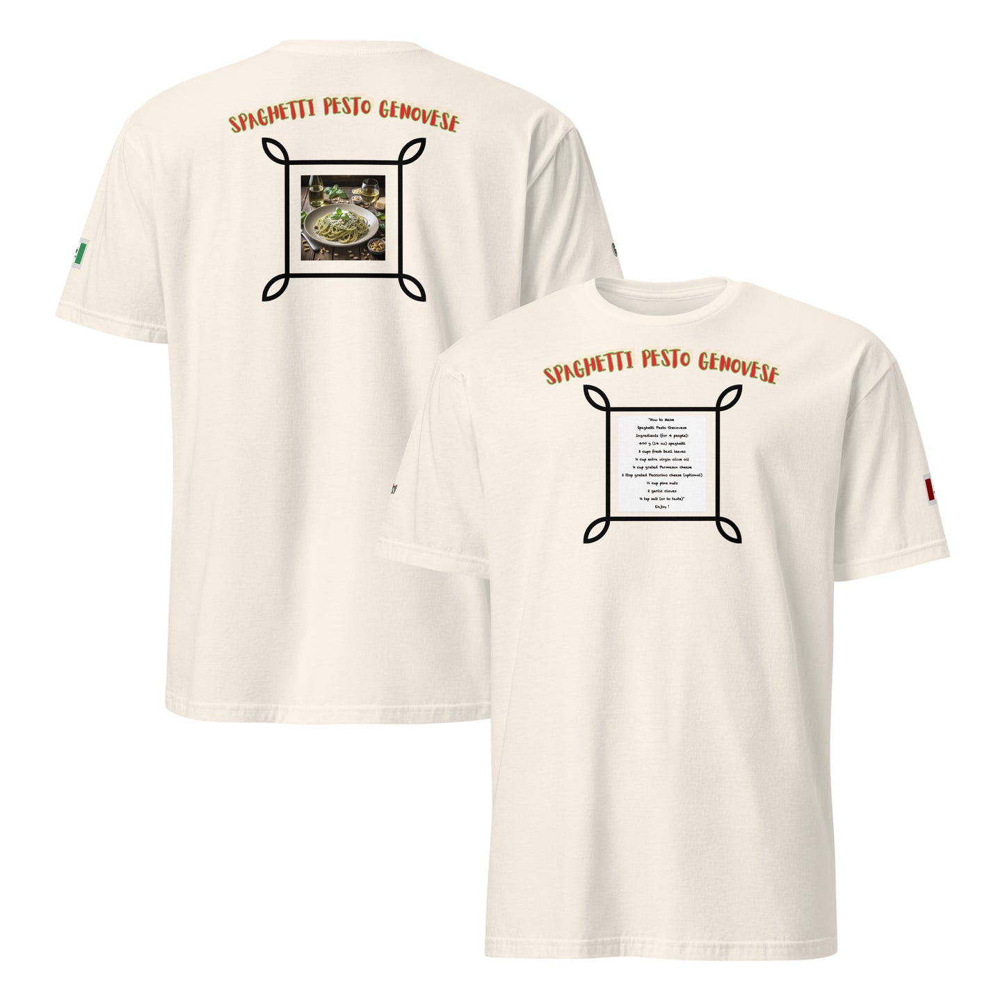 Sand unisex T-shirt set: front and back view with spaghetti pesto graphic