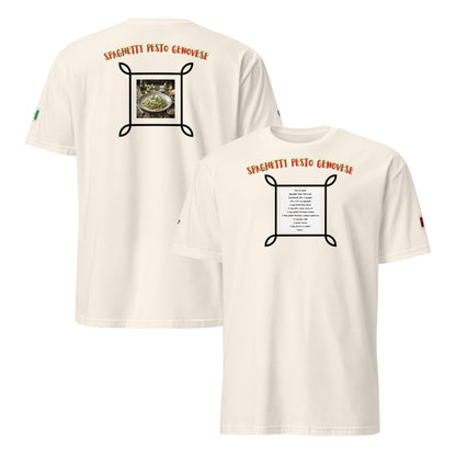 Sand unisex T-shirt set: front and back view with spaghetti pesto graphic