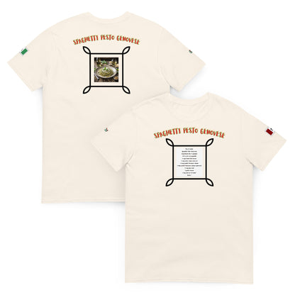 Sand unisex T-shirt set: back and front view with spaghetti pesto graphic print