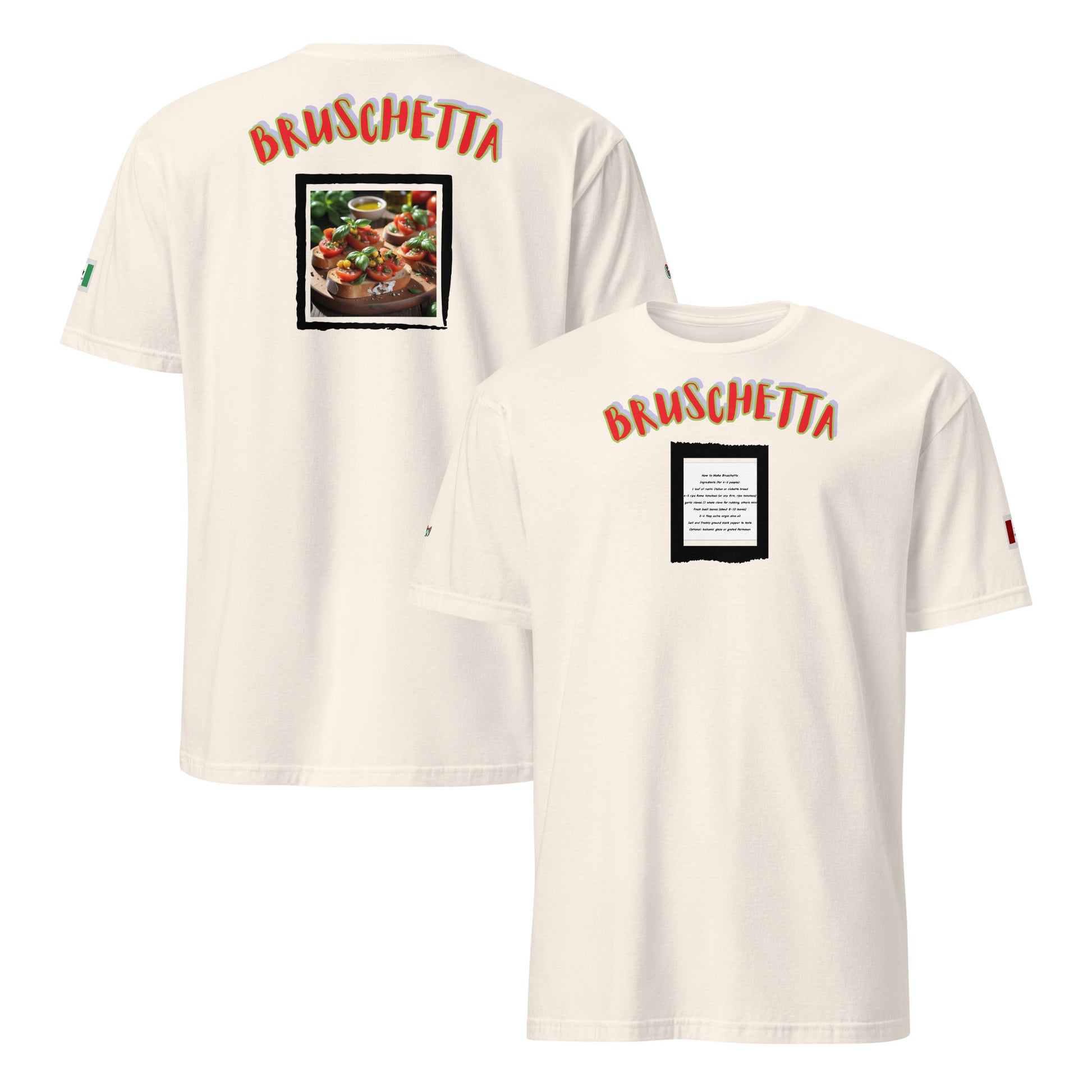 Natural unisex T-shirt set: back and front “BRUSCHETTA” with recipe square print