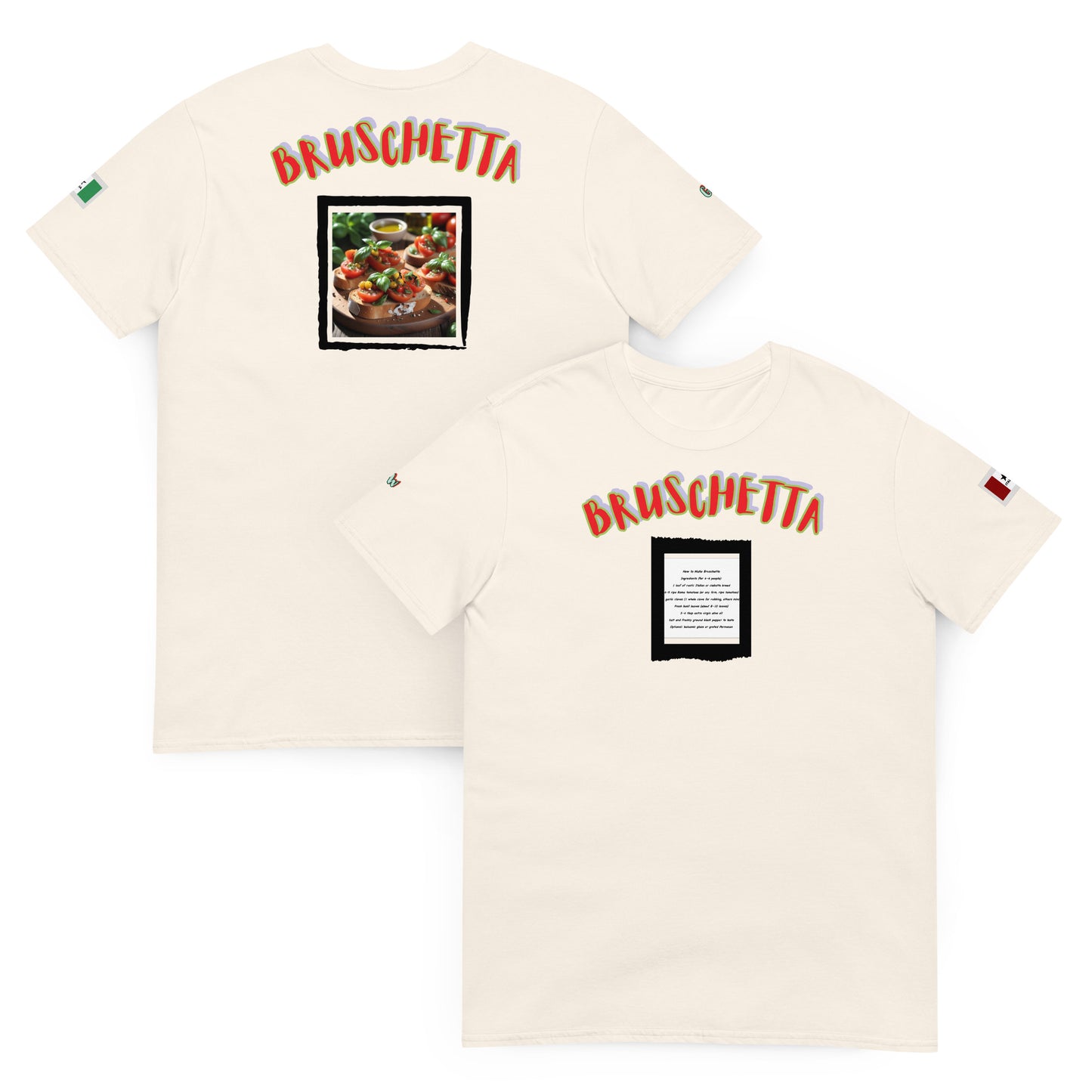 Natural unisex T-shirt set with “BRUSCHETTA” text and recipe image square print