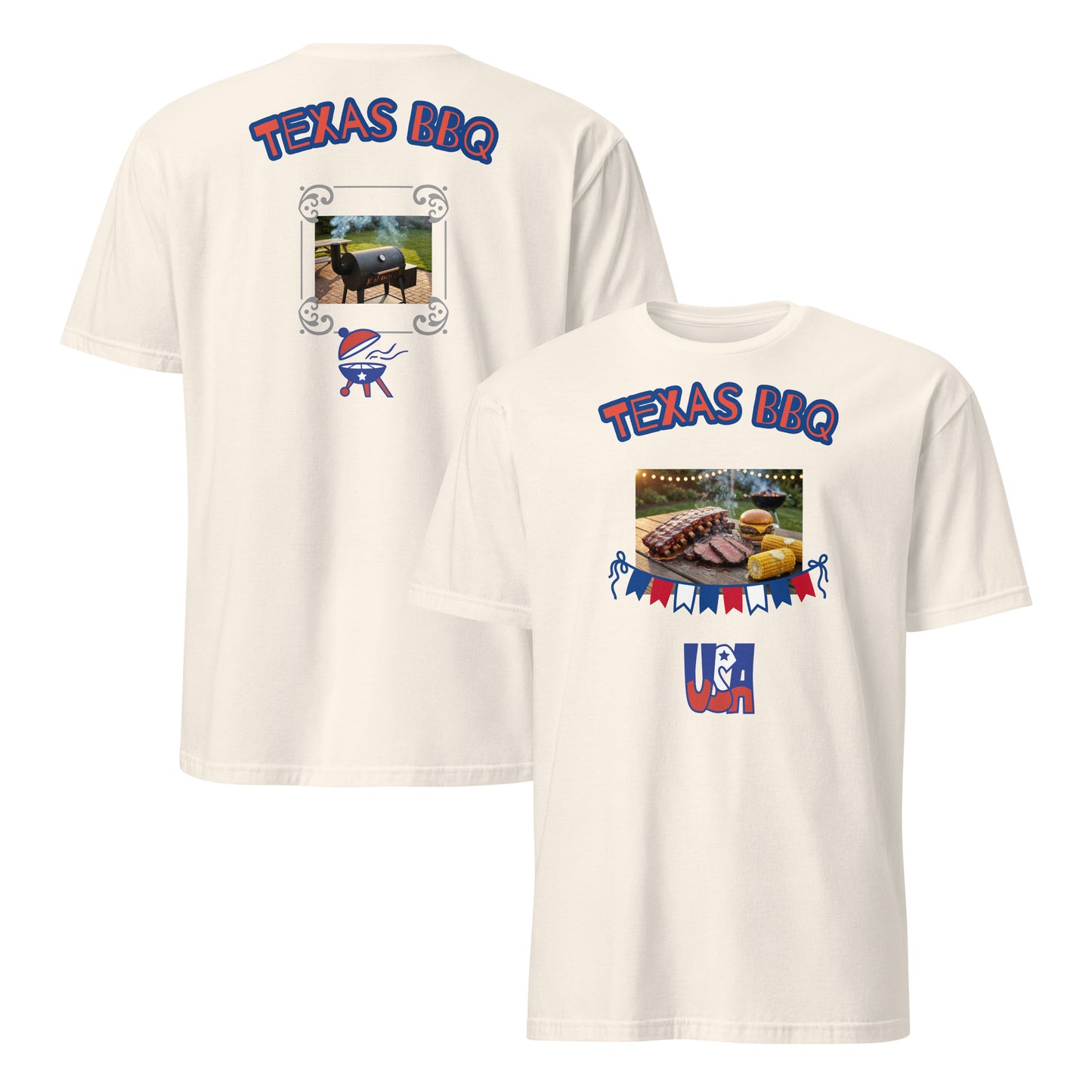 Unisex T-shirt (Natural) with “Texas BBQ” front graphic and USA logo