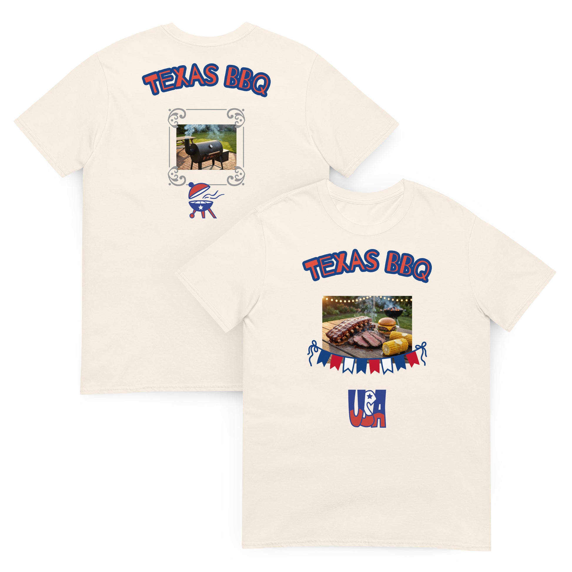 Unisex T-shirt set (Natural): front and back “Texas BBQ” barbecue prints