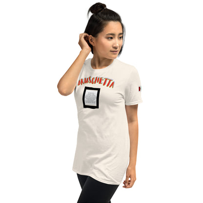 Weißes T-Shirt, Vorderansicht mit „BRUSCHETTA“ Aufdruck und schwarzem Rahmenprint