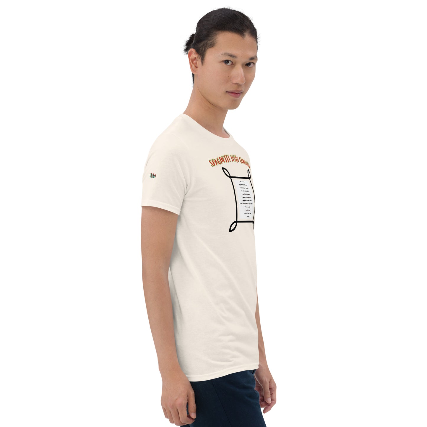 Sand unisex T-Shirt Dreiviertelansicht mit Frontprint und kleinem Ärmel-Emblem