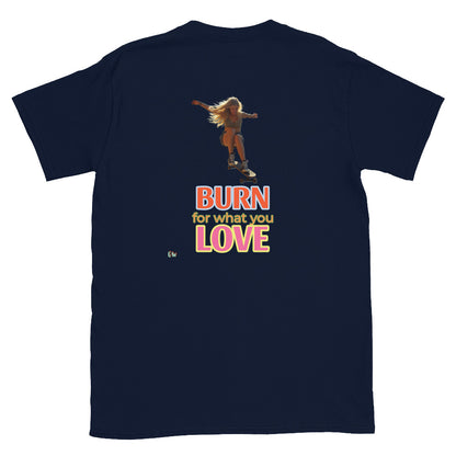 Navy T-shirt, back print: skateboard girl and BURN for what you LOVE text