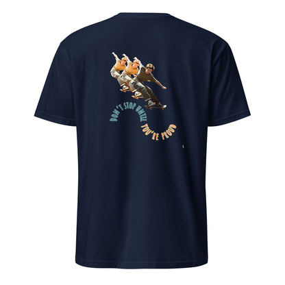 Navy short-sleeve T-shirt with skateboard boy graphic on back