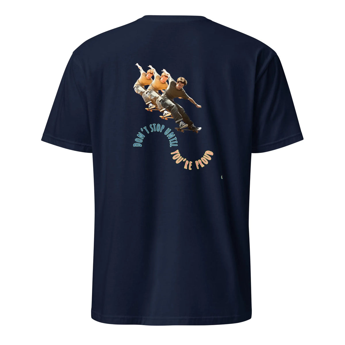 Navy short-sleeve T-shirt with skateboard boy graphic on back