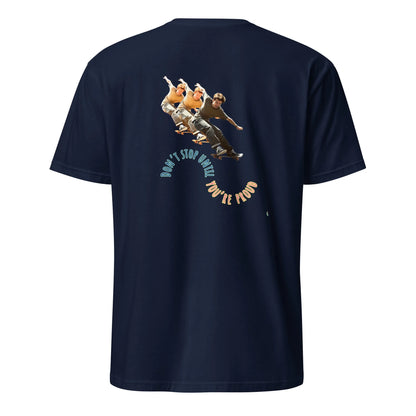 Navy short-sleeve T-shirt with skateboard boy graphic on back