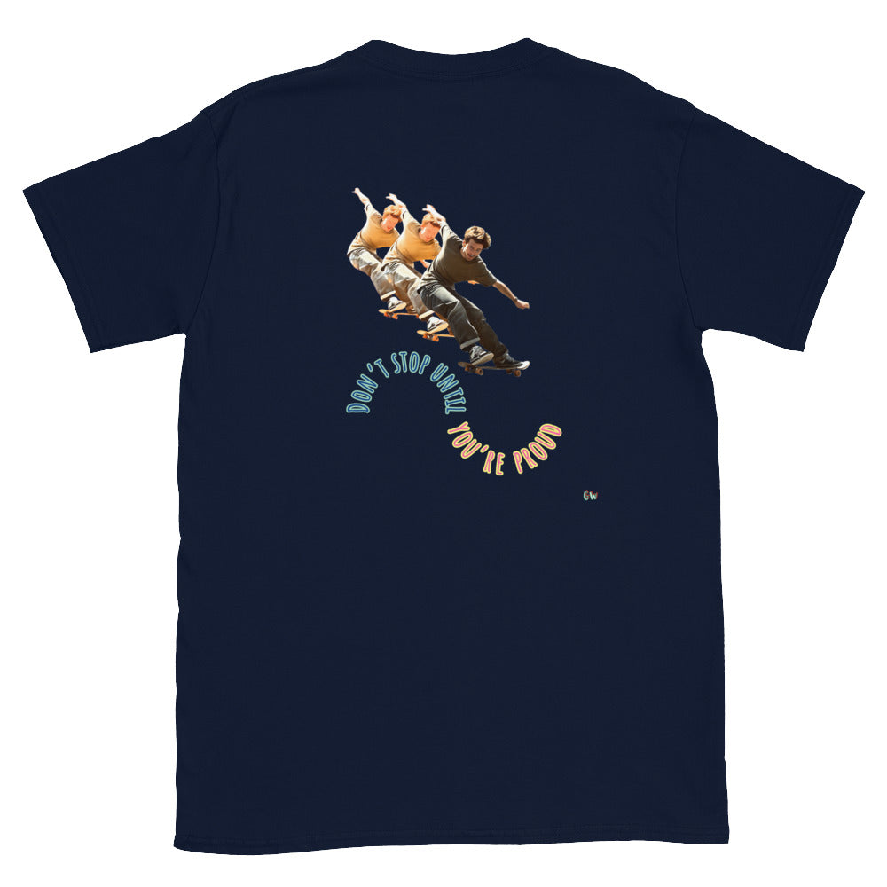 Navy short-sleeve T-shirt, back graphic with skateboard boys and “YOU’RE PROUD”