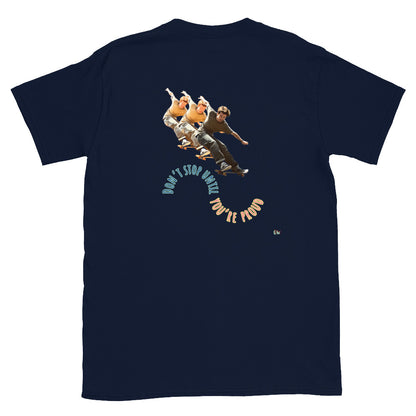 Navy short-sleeve T-shirt, back graphic with skateboard boys and “YOU’RE PROUD”