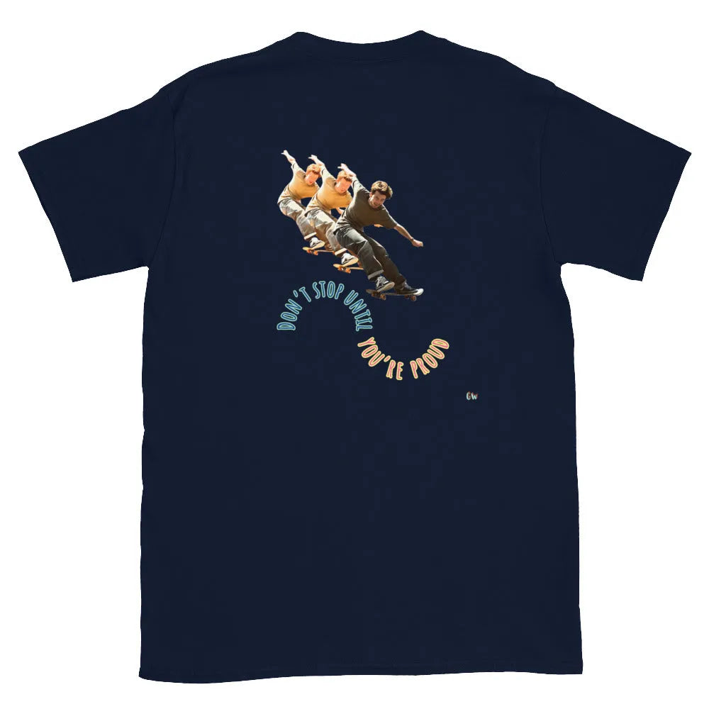 Navy short-sleeve T-shirt, back graphic with skateboard boys and “YOU’RE PROUD”