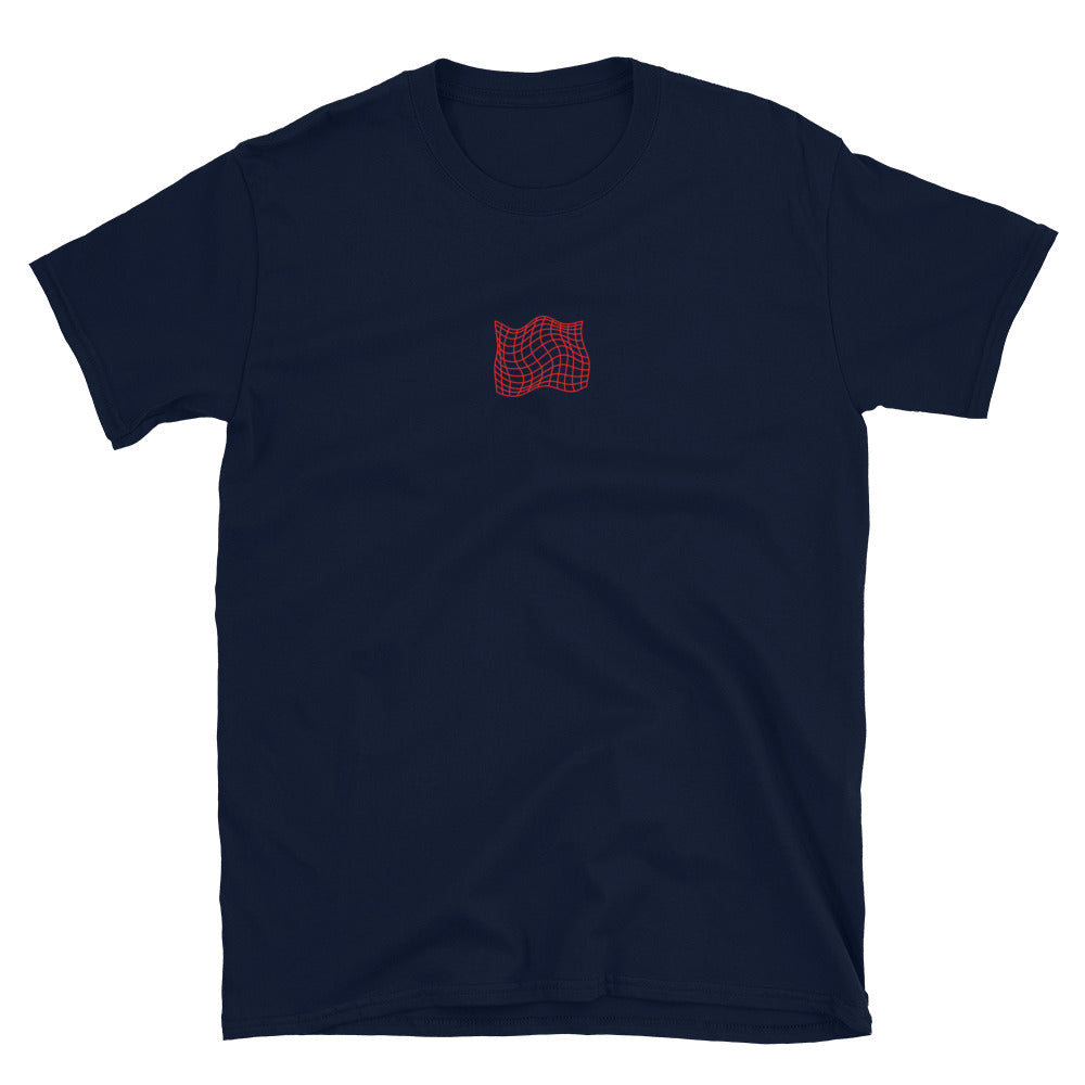 Navy T-shirt front, small red grid-like graphic at center chest