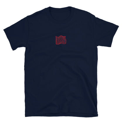 Navy T-shirt front, small red grid-like graphic at center chest
