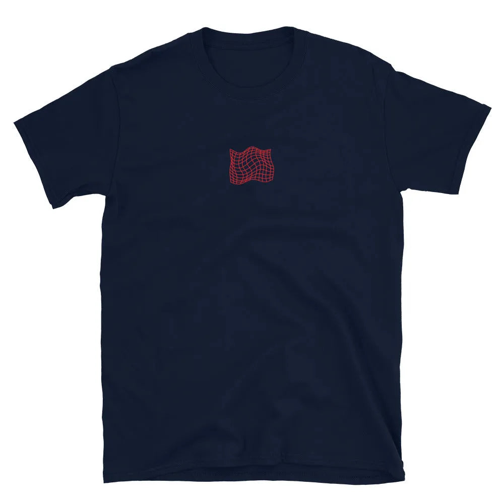 Navy T-shirt front, small red grid-like graphic at center chest
