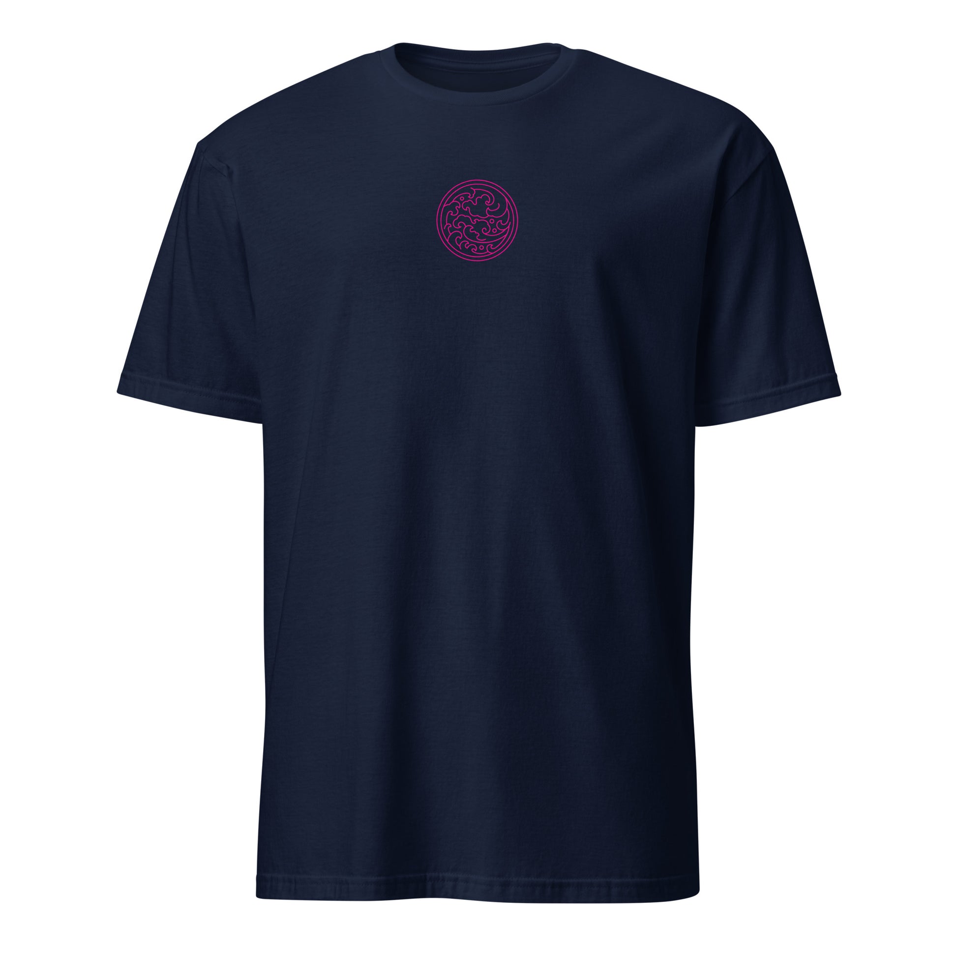 Navy short-sleeve T-shirt with small circular swirl logo print on front
