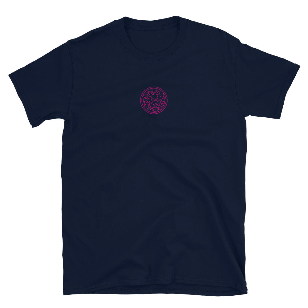 Navy short-sleeve T-shirt, front small pink swirl logo near chest