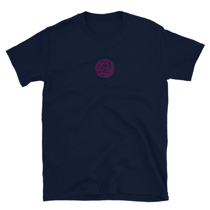 Navy short-sleeve T-shirt, front small pink swirl logo near chest