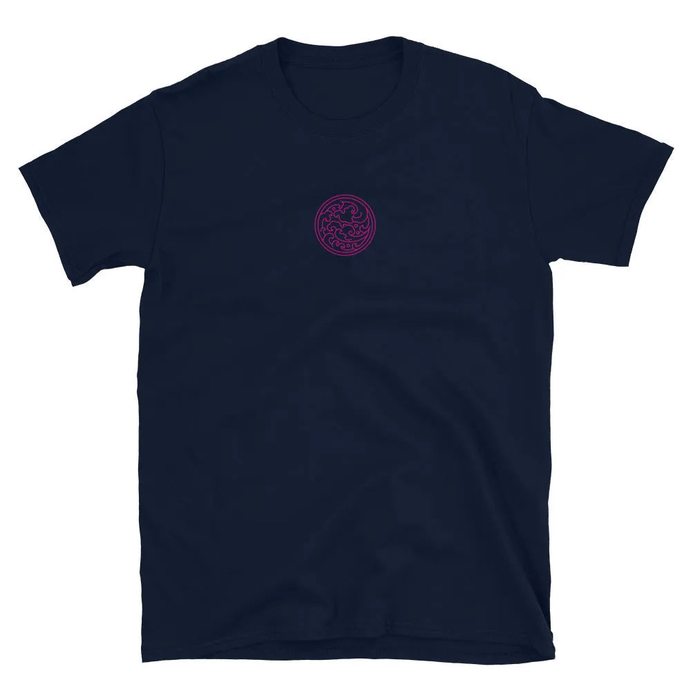 Navy short-sleeve T-shirt, front small pink swirl logo near chest