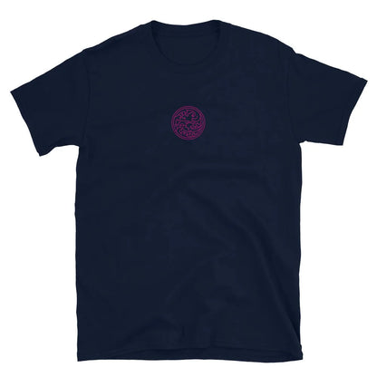 Navy short-sleeve T-shirt, front small pink swirl logo near chest