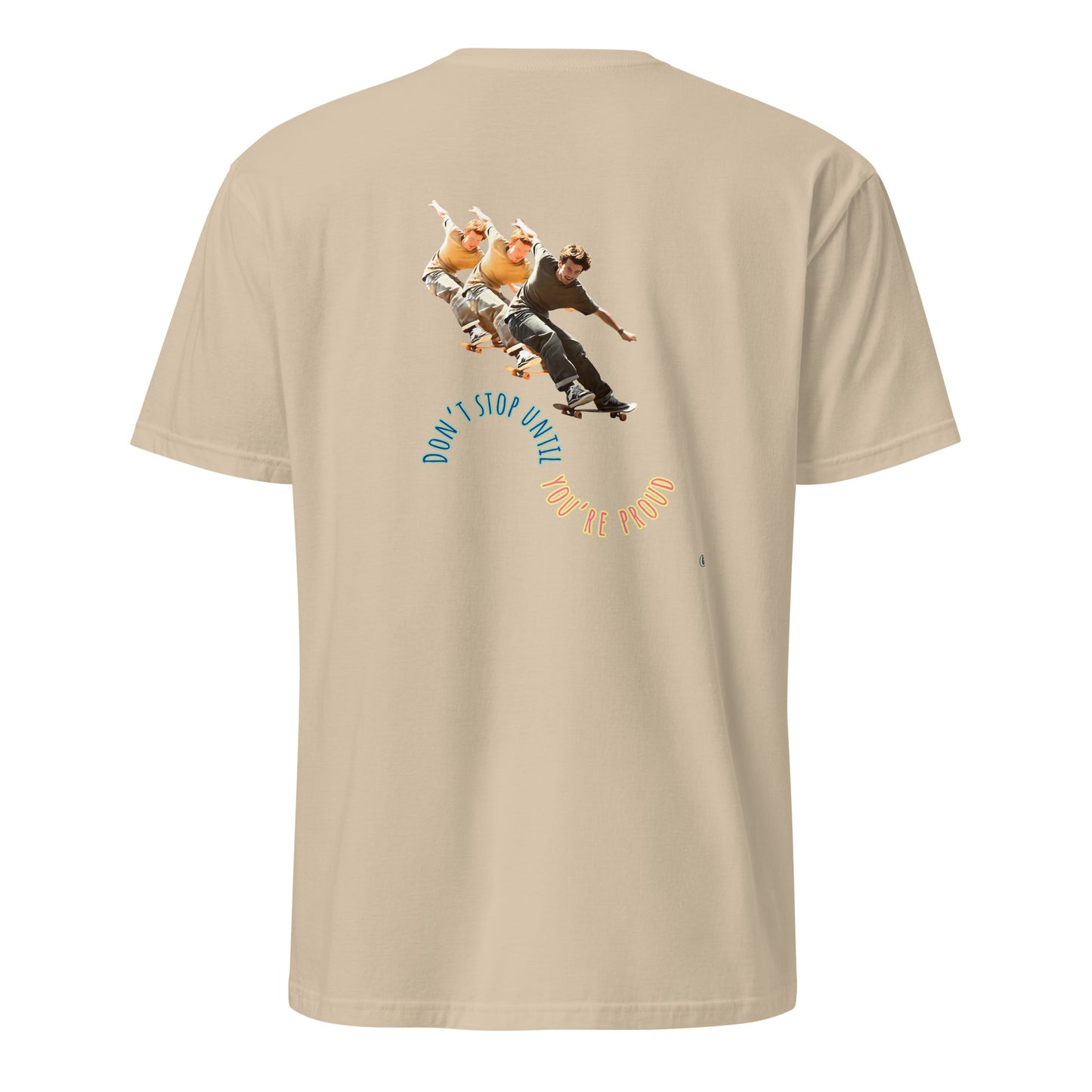 Sand short-sleeve T-shirt, back graphic with skateboard boys and “DON’T STOP” text