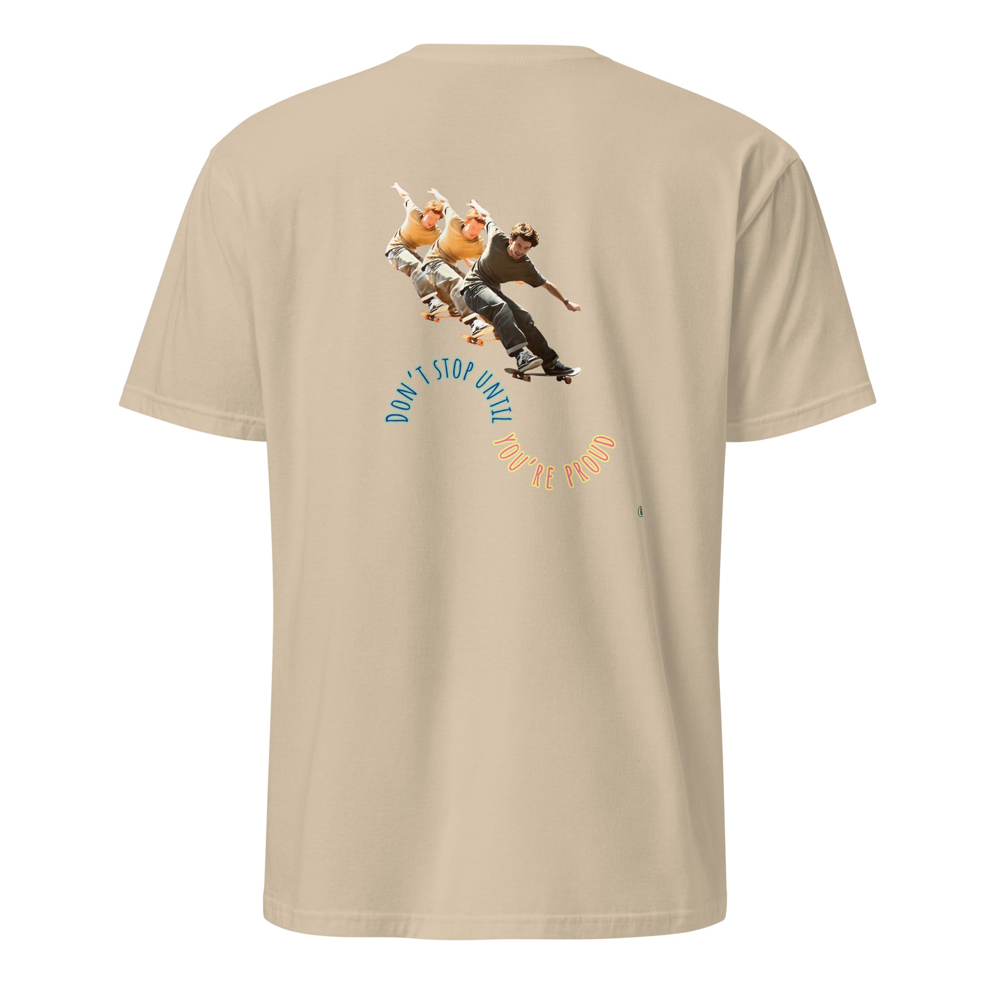 Sand short-sleeve T-shirt, back graphic with skateboard boys and “DON’T STOP” text