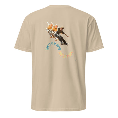 Sand short-sleeve T-shirt, back graphic with skateboard boys and “DON’T STOP” text