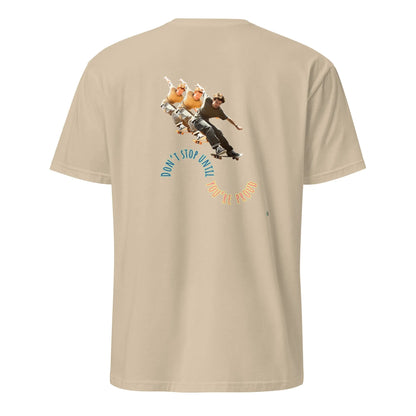 Sand short-sleeve T-shirt, back graphic with skateboard boys and “DON’T STOP” text
