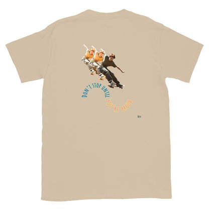 Sand short-sleeve T-shirt, back skateboard boy graphic with circular slogan.