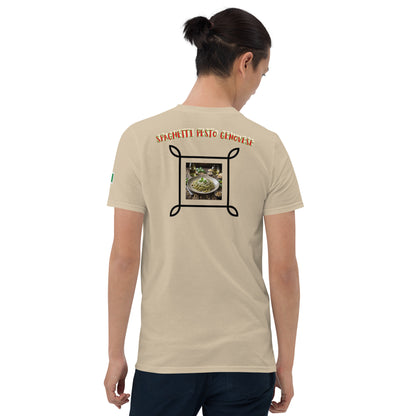 Sandfarbenes Unisex-T-Shirt, Rückenansicht mit Spaghetti-Pesto-Genovese-Print