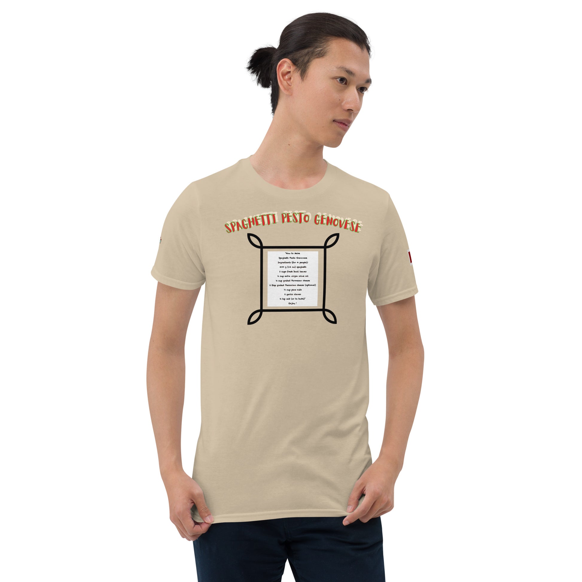 Sand unisex T-shirt with front spaghetti pesto graphic print and crew neck
