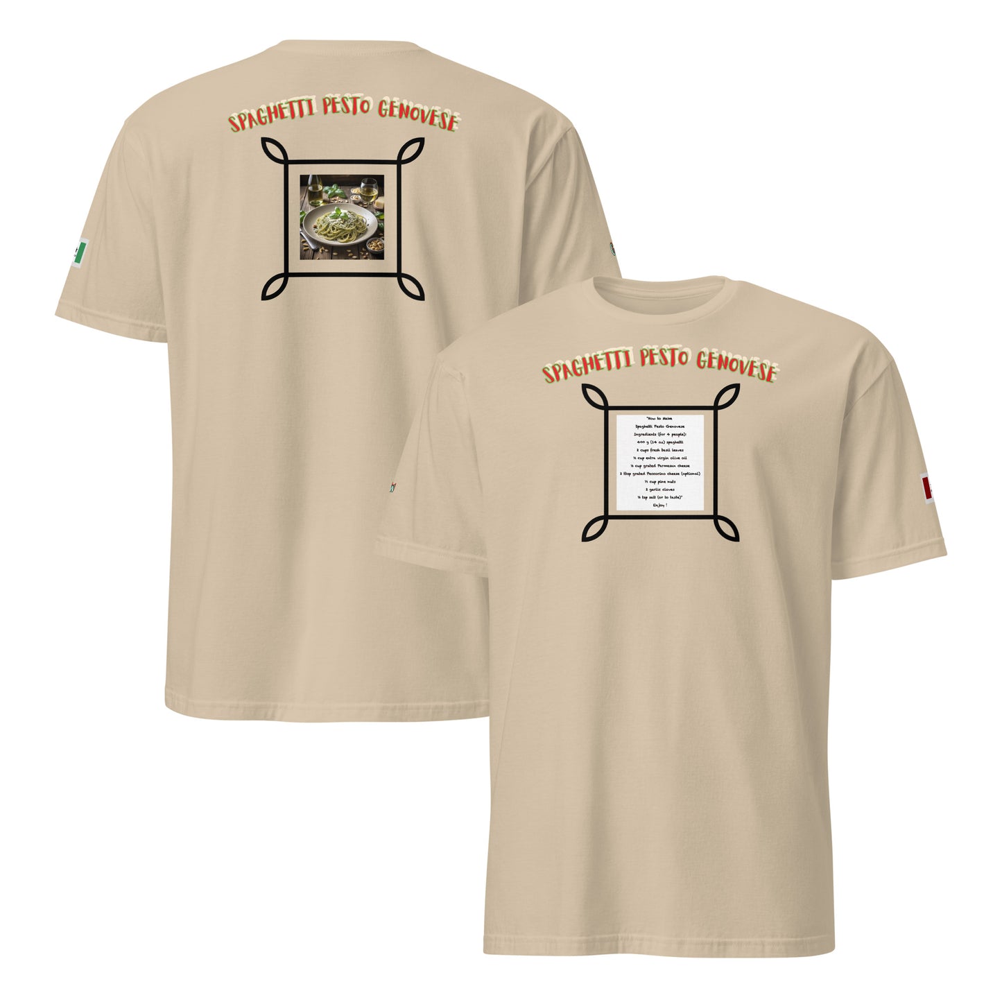 Sand unisex T-shirt set showing front and back spaghetti pesto graphic details