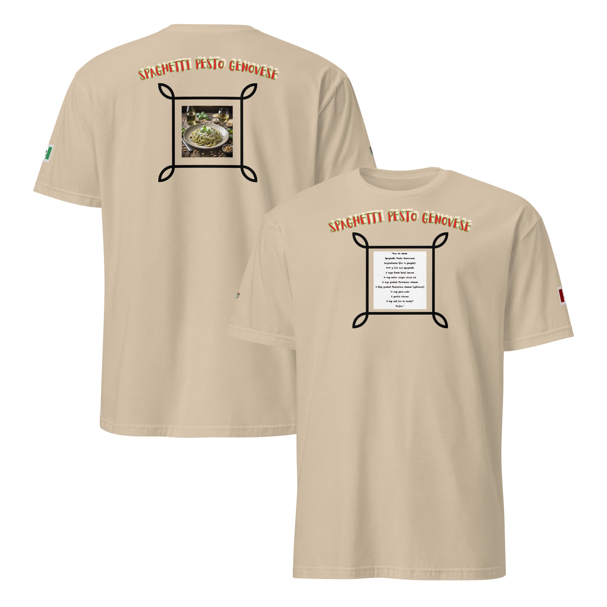 Sand unisex T-shirt set showing front and back spaghetti pesto graphic details