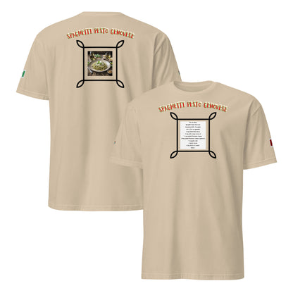 Sand unisex T-shirt set showing front and back spaghetti pesto graphic details