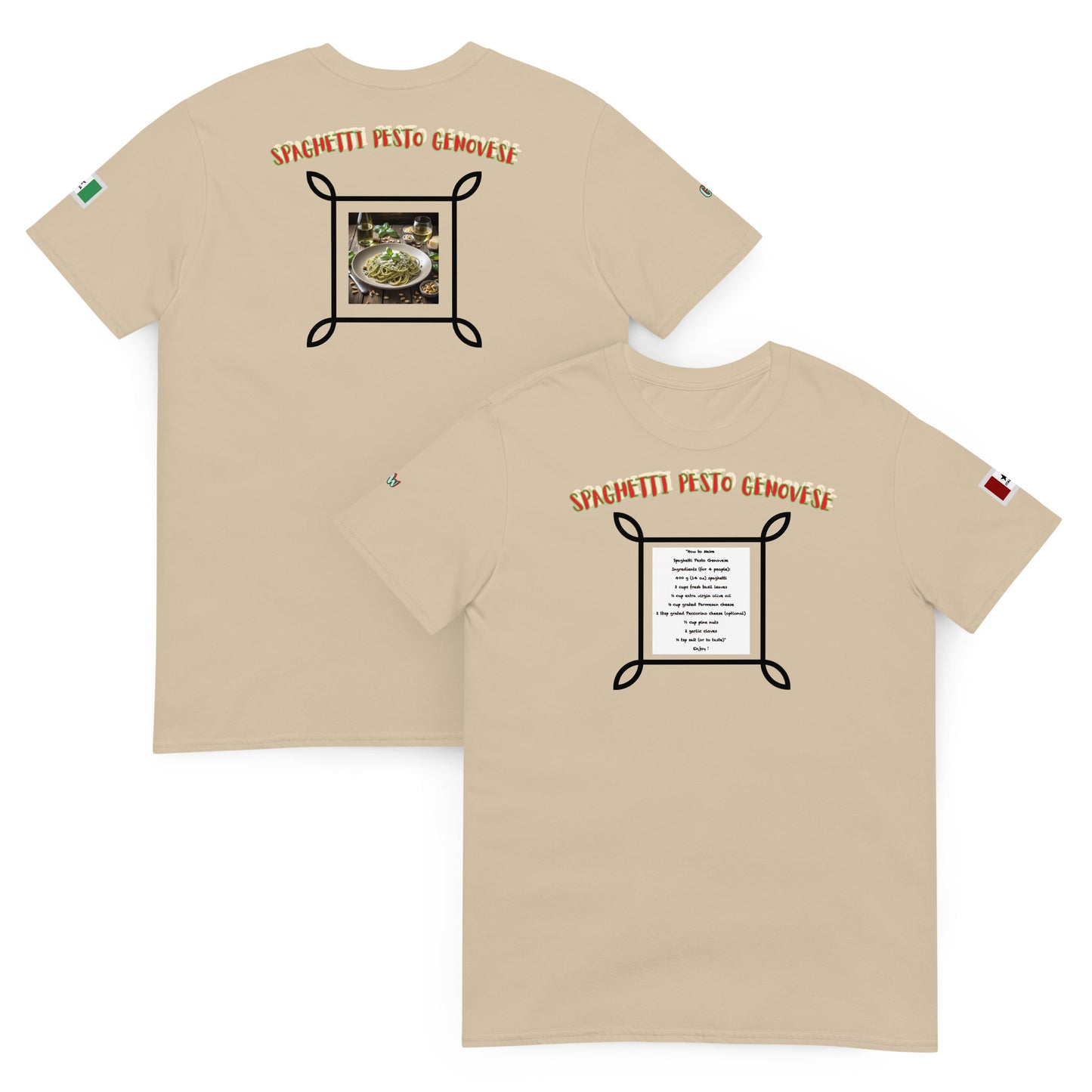 Sand unisex T-shirt set: front and back with spaghetti pesto graphic print