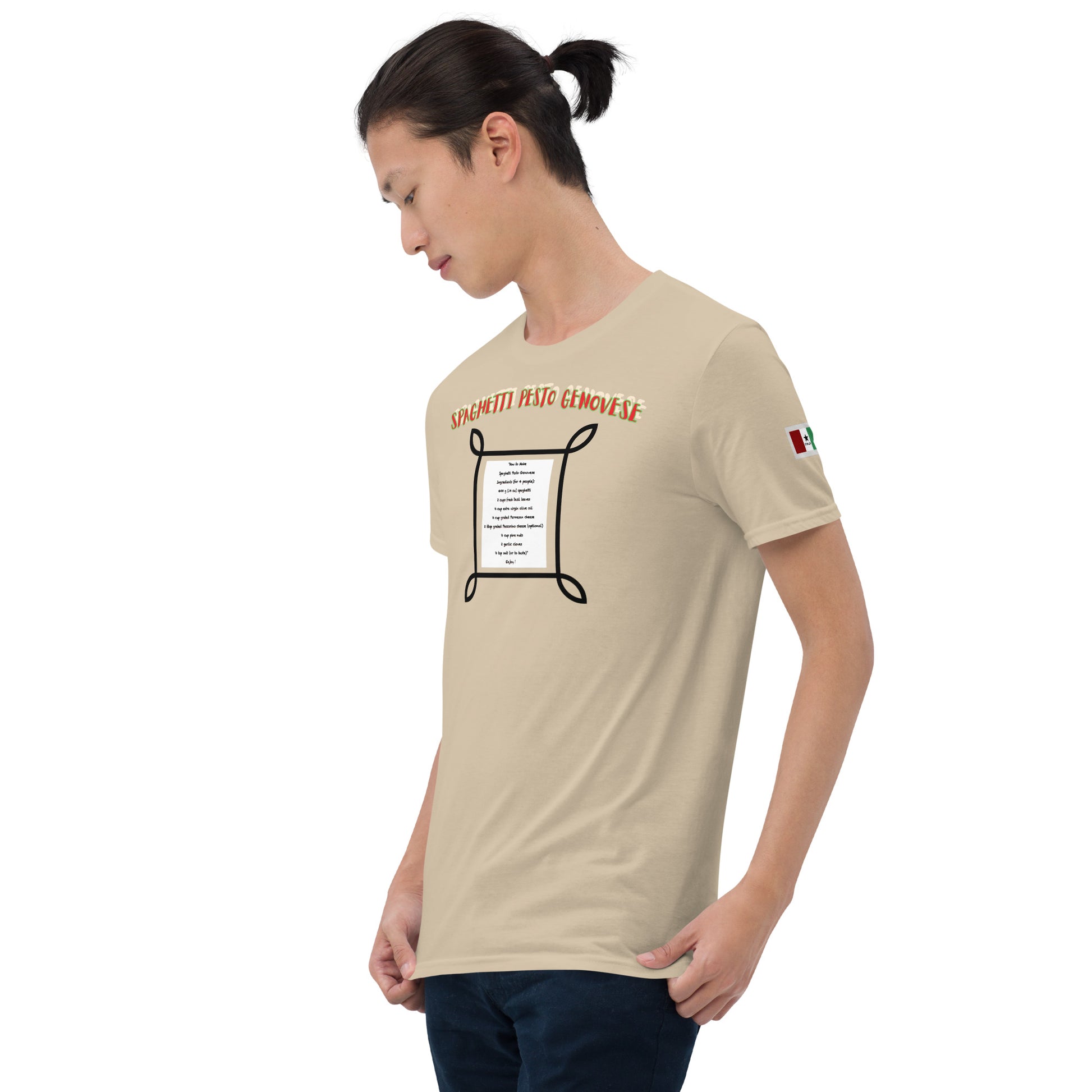 Sandfarbenes Unisex-T-Shirt vorderseitig mit Spaghetti-Pesto-Genovese-Print