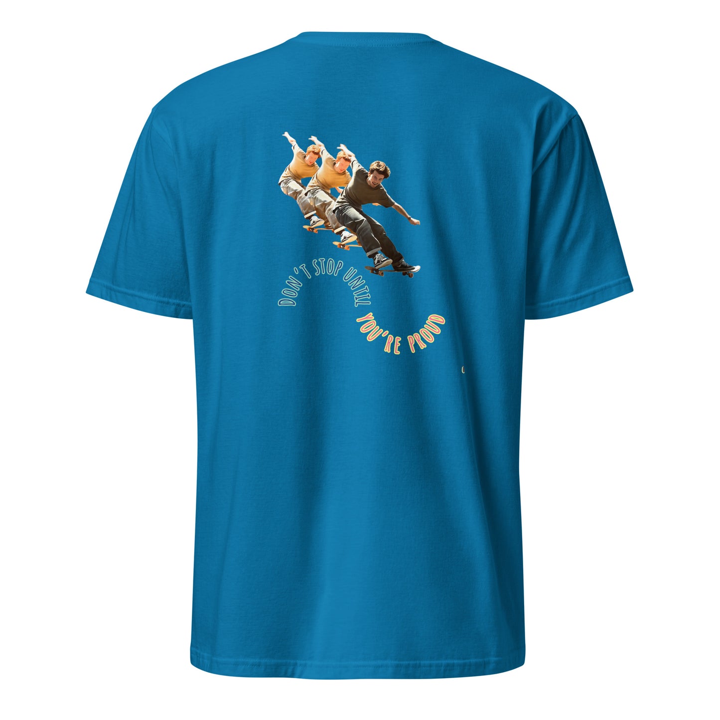 Light blue short-sleeve T-shirt with skateboard boy graphic on back