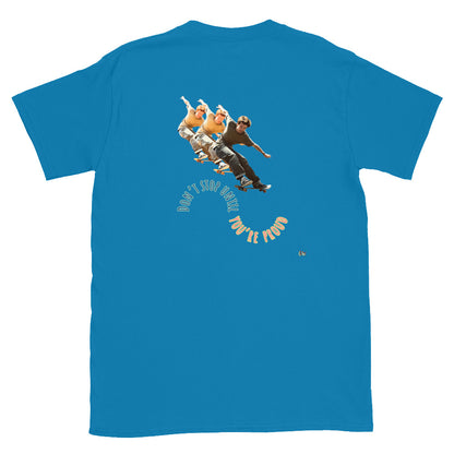 Light blue short-sleeve T-shirt, back graphic with skateboard boys and “YOU’RE PROUD”