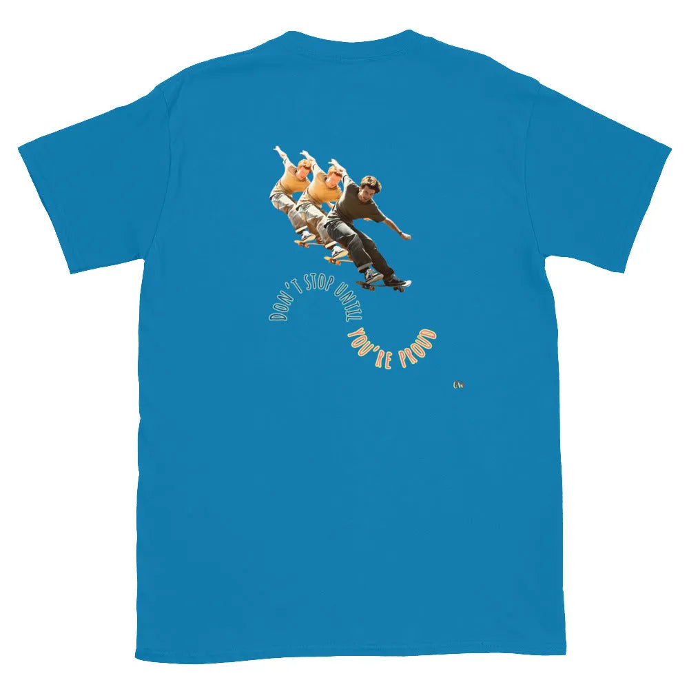 Light blue short-sleeve T-shirt, back graphic with skateboard boys and “YOU’RE PROUD”