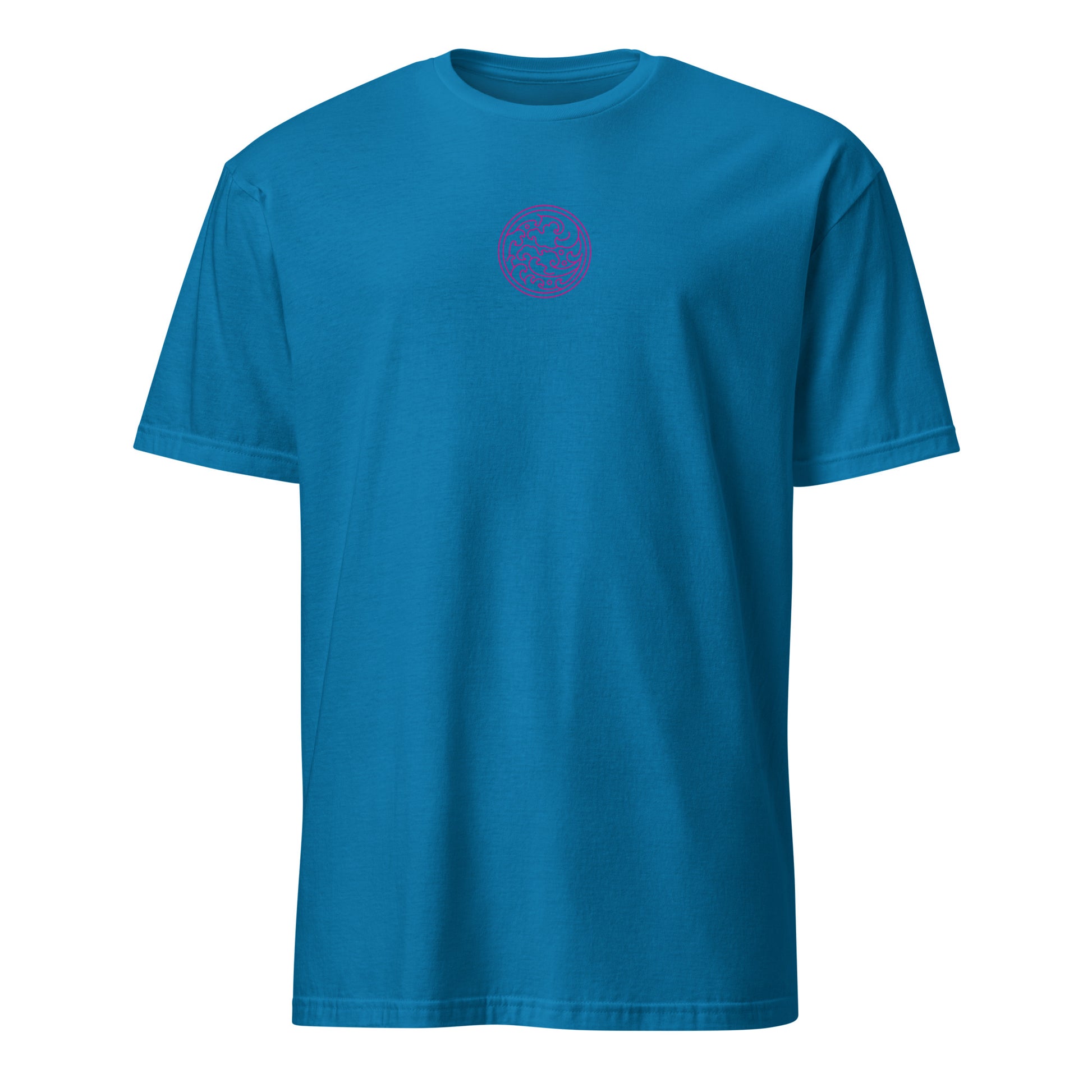 Light blue short-sleeve T-shirt with small circular swirl logo on front